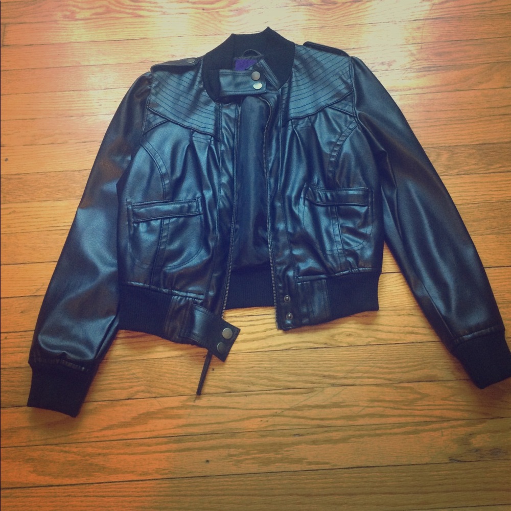 Miley Cyrus & Max Azria Black Faux Leather Bomber Jacket